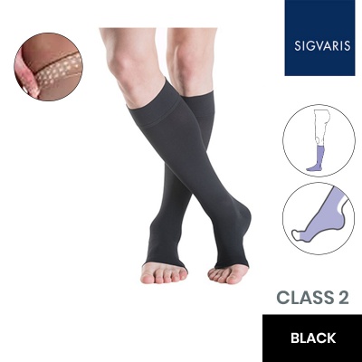 Sigvaris Essential Thermoregulating Unisex Class 2 Knee High Black Compression Stockings with Knobbed Grip and Open Toe